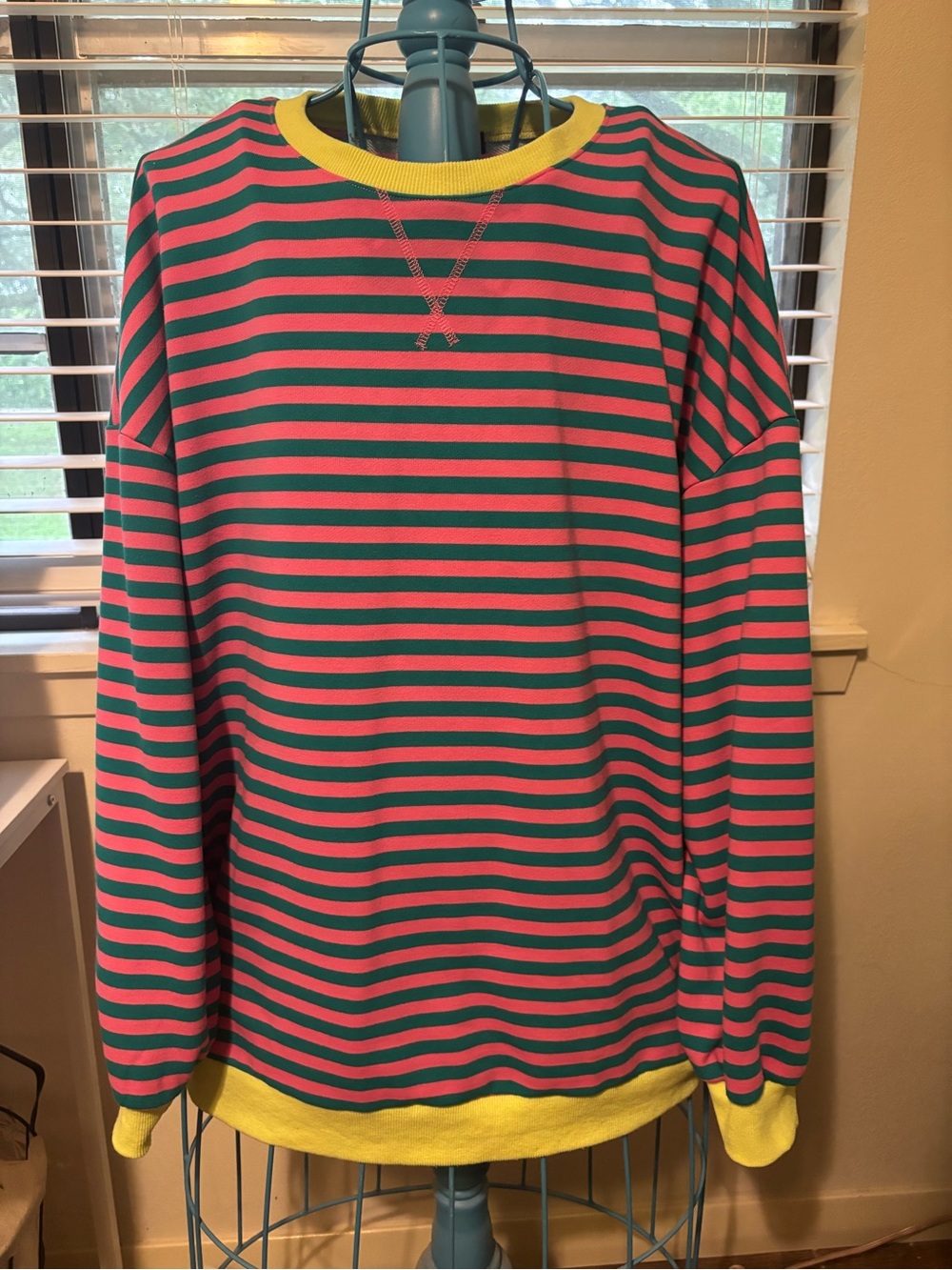 Striped Crewneck Sweatshirt in Pink and Teal with Yellow Trim